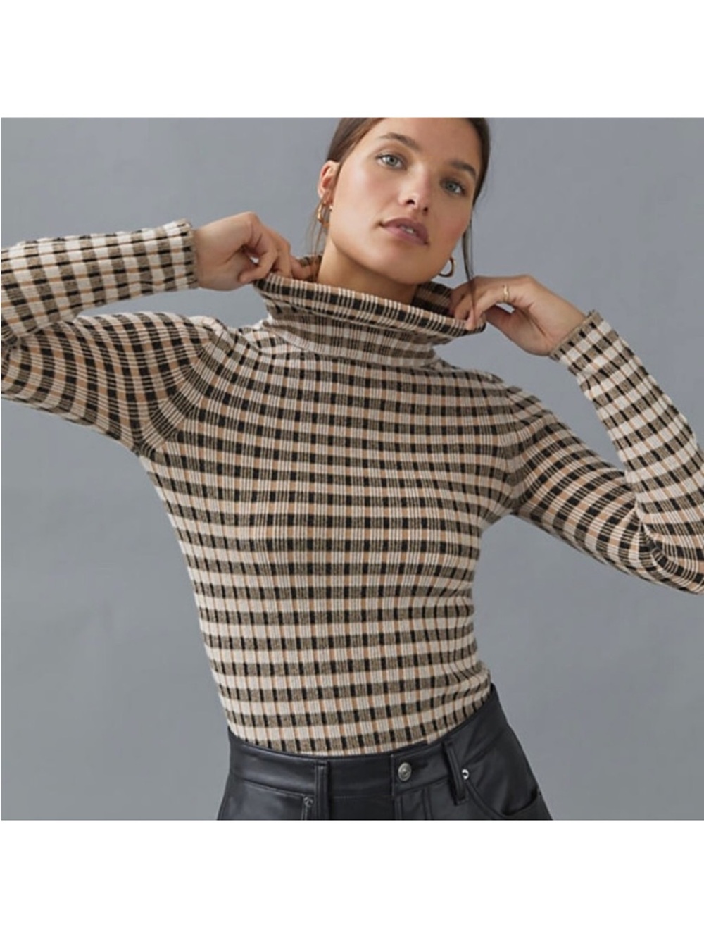 Maeve by Anthropologie Women's Check Ribbed Turtleneck Sweater - Beige/Black